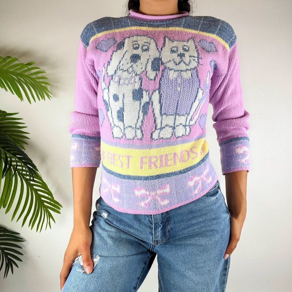 Vintage 90s Cottagecore Purple Kidcore Coquette Knit Grandma Cat Sweater /Sz: XS